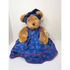 VTG 1994 Vermont Teddy Bear 15" Brown Plush Jointed Floral Purple Dress Bow Tag